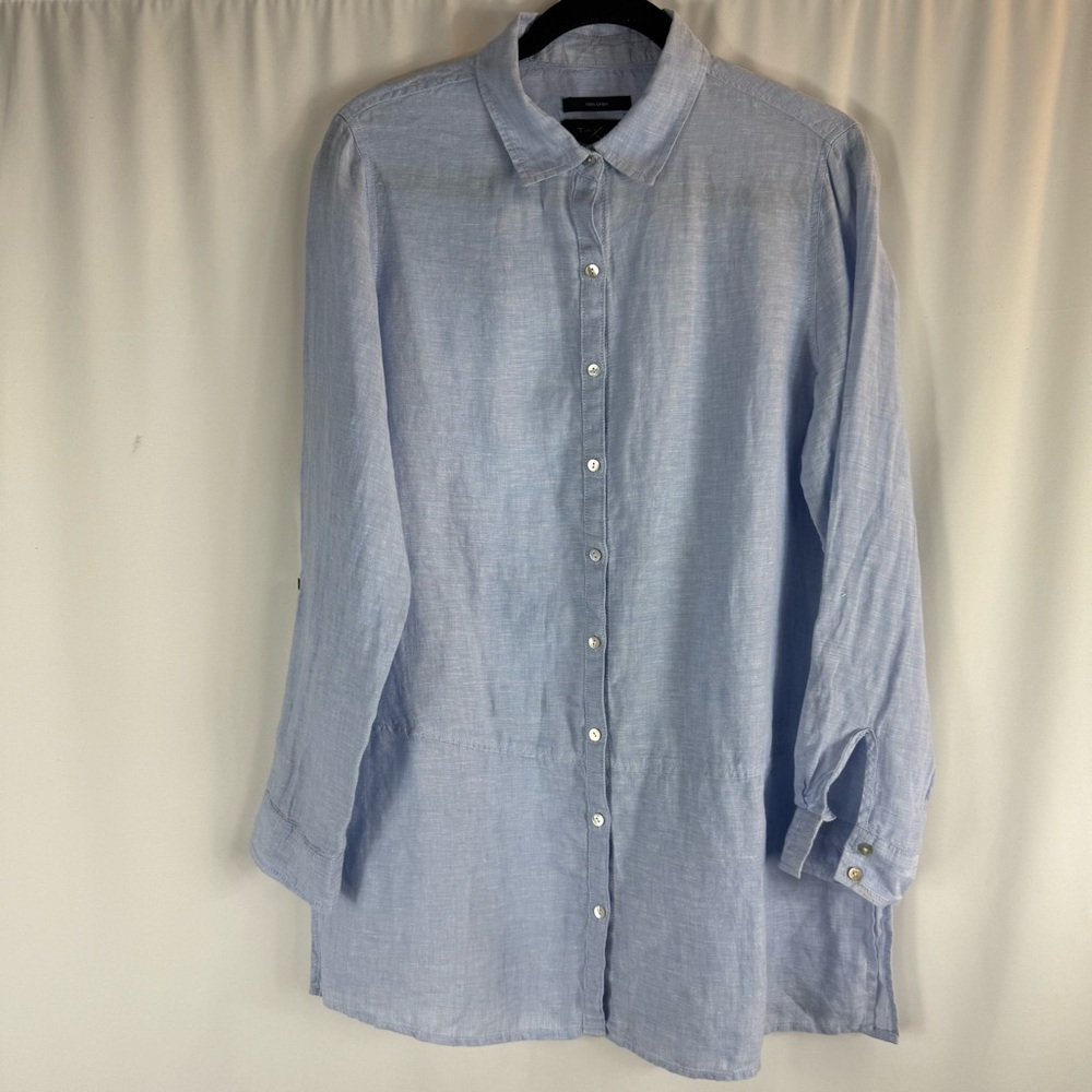 Tahari French blue 100% linen tunic shirt top split hem S Button -Up Top - Picture 3 of 14